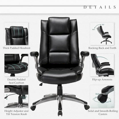 Leather Executive Office Chair- High Back Home Computer Desk Chair with Padded Flip-up Arms, Adjustable Tilt Lock