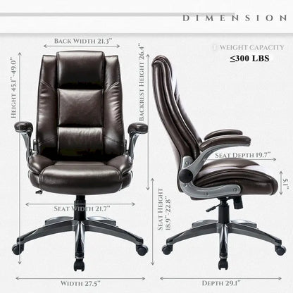 Leather Executive Office Chair- High Back Home Computer Desk Chair with Padded Flip-up Arms, Adjustable Tilt Lock