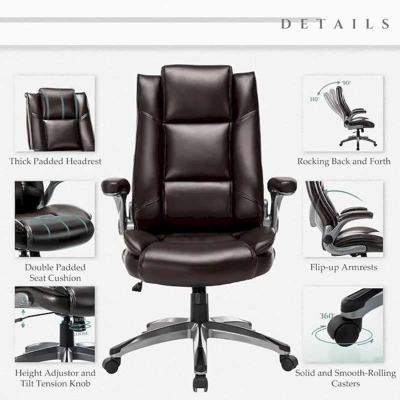 Leather Executive Office Chair- High Back Home Computer Desk Chair with Padded Flip-up Arms, Adjustable Tilt Lock