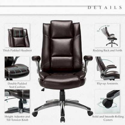 Leather Executive Office Chair- High Back Home Computer Desk Chair with Padded Flip-up Arms, Adjustable Tilt Lock