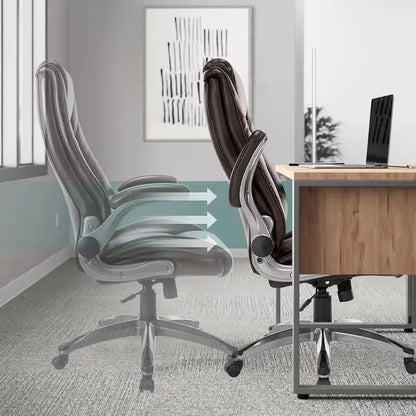 Leather Executive Office Chair- High Back Home Computer Desk Chair with Padded Flip-up Arms, Adjustable Tilt Lock