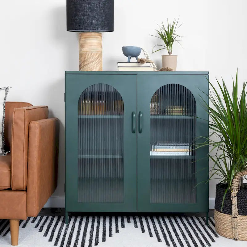 Metal Cabinet with 2 Arched Glass Doors