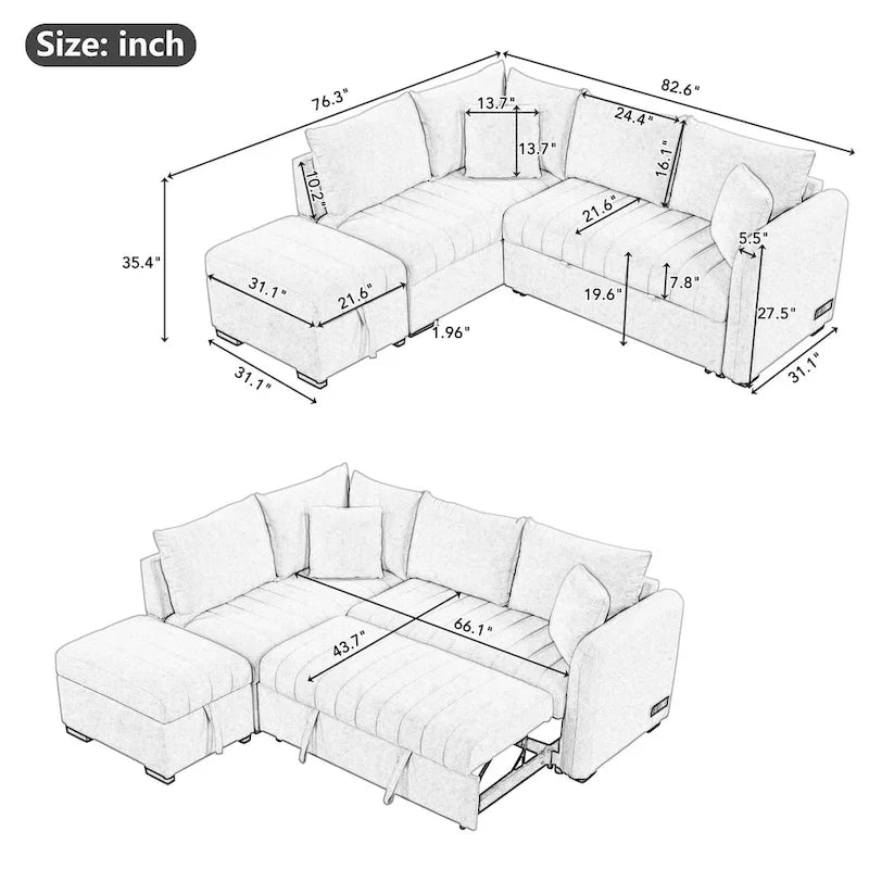 L-shaped Sectional Pull Out Sofa Bed Sleeper Sofa USB,Power Sockets and a Movable Storage Ottoman, Beige