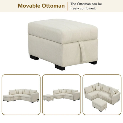 L-shaped Sectional Pull Out Sofa Bed Sleeper Sofa USB,Power Sockets and a Movable Storage Ottoman, Beige