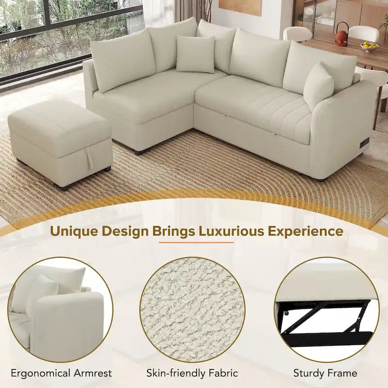 L-shaped Sectional Pull Out Sofa Bed Sleeper Sofa USB,Power Sockets and a Movable Storage Ottoman, Beige