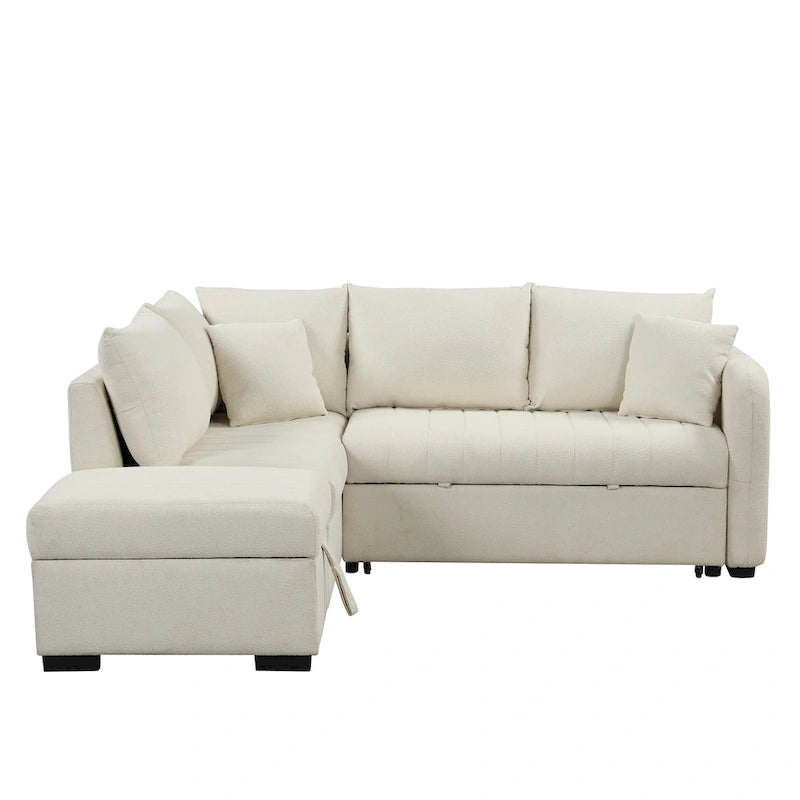 L-shaped Sectional Pull Out Sofa Bed Sleeper Sofa USB,Power Sockets and a Movable Storage Ottoman, Beige