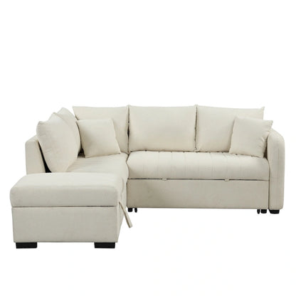 L-shaped Sectional Pull Out Sofa Bed Sleeper Sofa USB,Power Sockets and a Movable Storage Ottoman, Beige