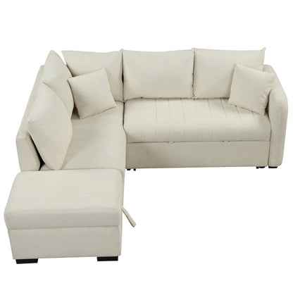 L-shaped Sectional Pull Out Sofa Bed Sleeper Sofa USB,Power Sockets and a Movable Storage Ottoman, Beige