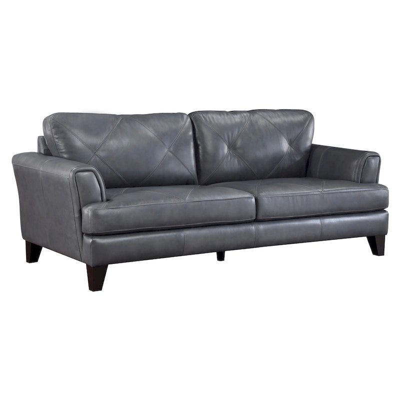 Lisa 88 Inch Sofa, Gray Top Grain and Split Leather, Brown Solid Wood