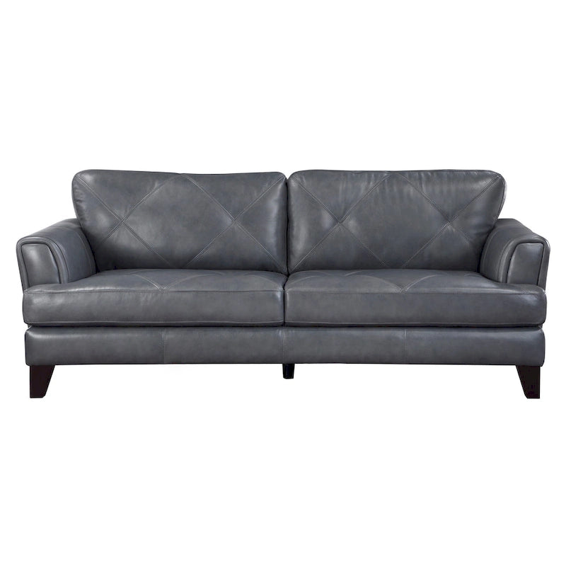 Lisa 88 Inch Sofa, Gray Top Grain and Split Leather, Brown Solid Wood