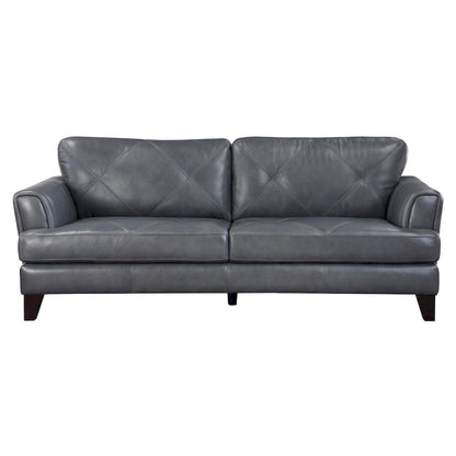 Lisa 88 Inch Sofa, Gray Top Grain and Split Leather, Brown Solid Wood