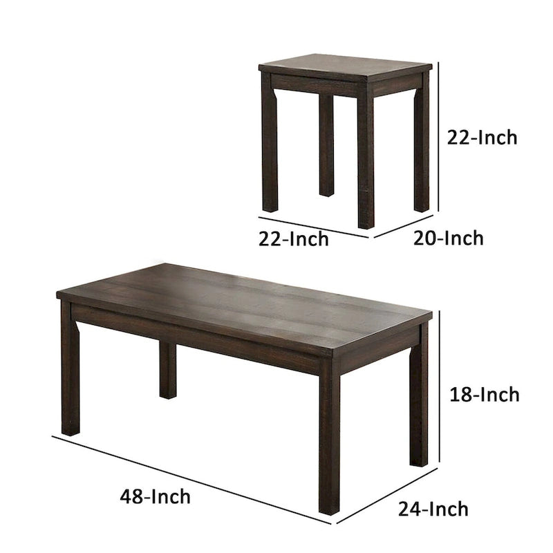 3 Piece Coffee Table and End Table Set, Wood Tabletops, Dark Brown Finish