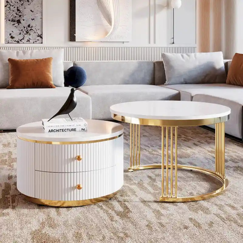 2 Pieces White Round Nesting Coffee Table with Drawers