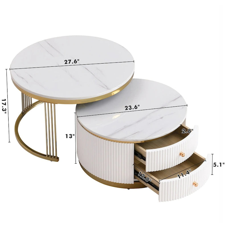 2 Pieces White Round Nesting Coffee Table with Drawers