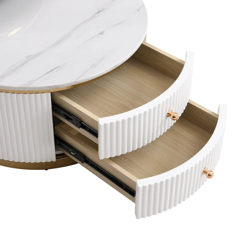 2 Pieces White Round Nesting Coffee Table with Drawers