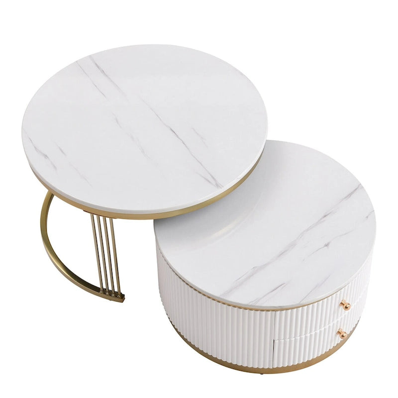 2 Pieces White Round Nesting Coffee Table with Drawers
