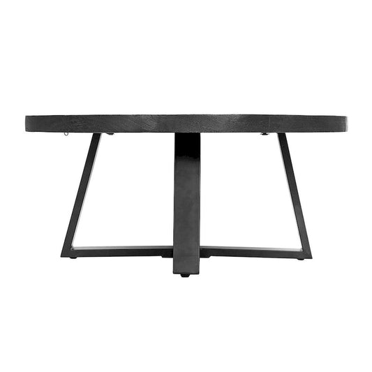 Raj 39 Inch Round Coffee Table, Cross Legs Design, Black Acacia Wood, Iron
