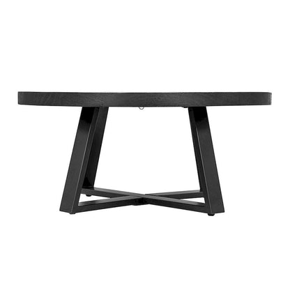 Raj 39 Inch Round Coffee Table, Cross Legs Design, Black Acacia Wood, Iron