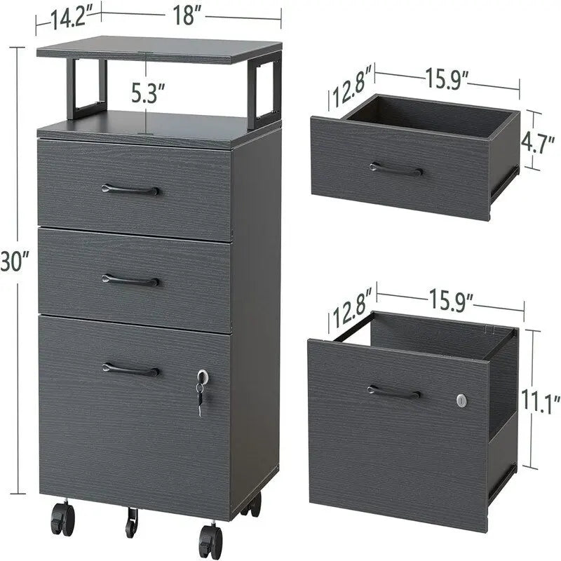 3-Drawer Rolling Filing Cabinet - 6.3D x 30.12W x 21.65H