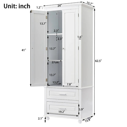 White Tall Kitchen Storage Cabinet with Two Drawers for Bathroom,Office
