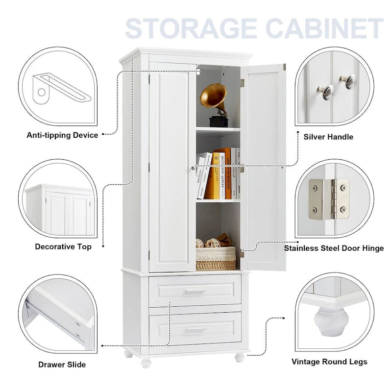 White Tall Kitchen Storage Cabinet with Two Drawers for Bathroom,Office