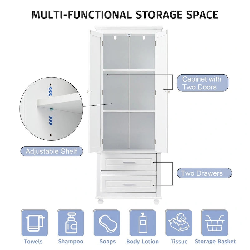 White Tall Kitchen Storage Cabinet with Two Drawers for Bathroom,Office