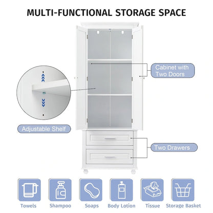 White Tall Kitchen Storage Cabinet with Two Drawers for Bathroom,Office