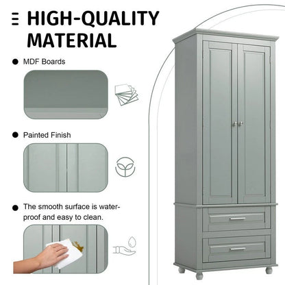 White Tall Kitchen Storage Cabinet with Two Drawers for Bathroom,Office