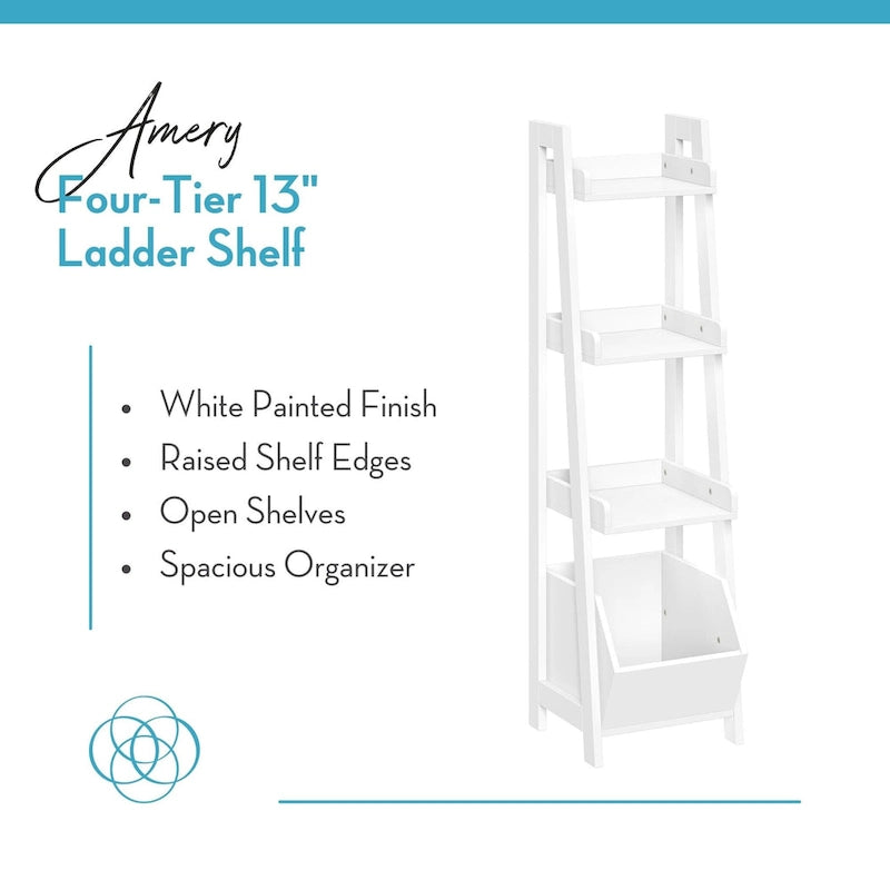 RiverRidge Amery 4-Tier 13in Ladder Shelf with Display Shelf and Storage Organizer Bin - White