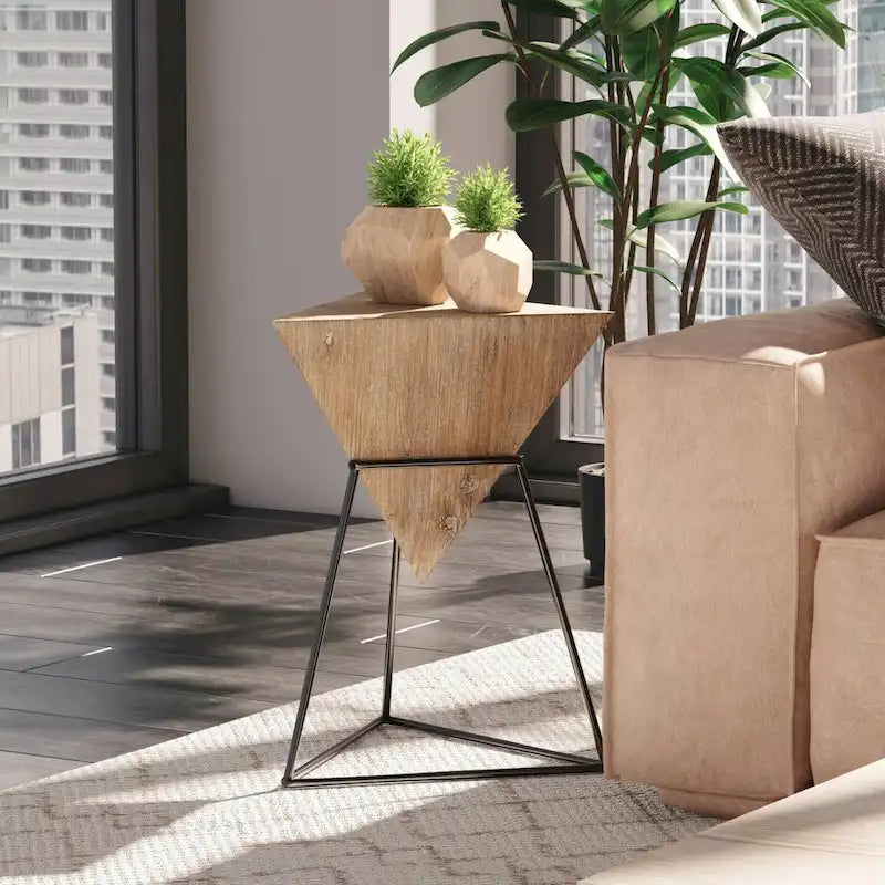COZAYH Modern Geometric End Table with Wooden Top and Metal Base, Unique Pyramid Side Table Plant Stand for Office, Triangle