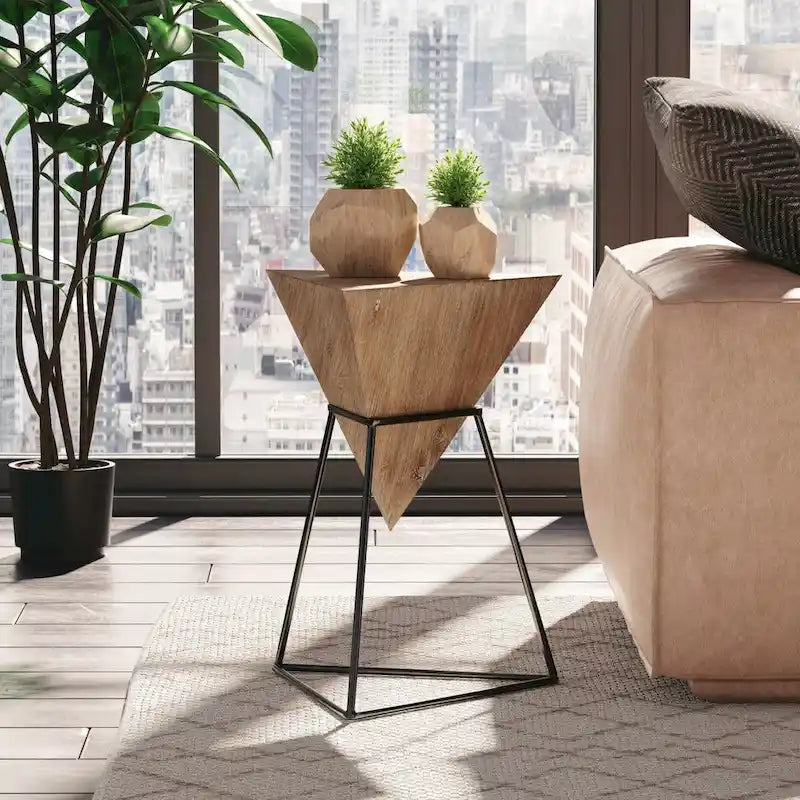 COZAYH Modern Geometric End Table with Wooden Top and Metal Base, Unique Pyramid Side Table Plant Stand for Office, Triangle