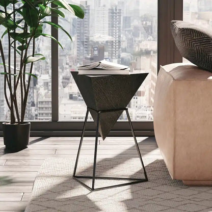 COZAYH Modern Geometric End Table with Wooden Top and Metal Base, Unique Pyramid Side Table Plant Stand for Office, Triangle