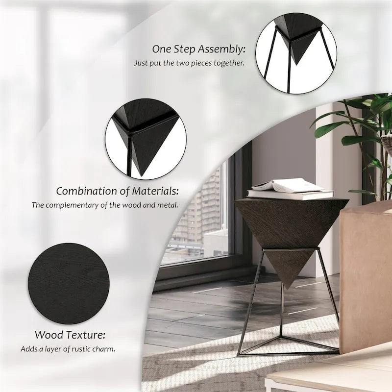 COZAYH Modern Geometric End Table with Wooden Top and Metal Base, Unique Pyramid Side Table Plant Stand for Office, Triangle