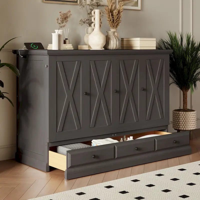 Solid Pine Murphy Bed Chest Cube Cabinet Bed with Charging Station and Large Storage Drawer for or Small Room,Full