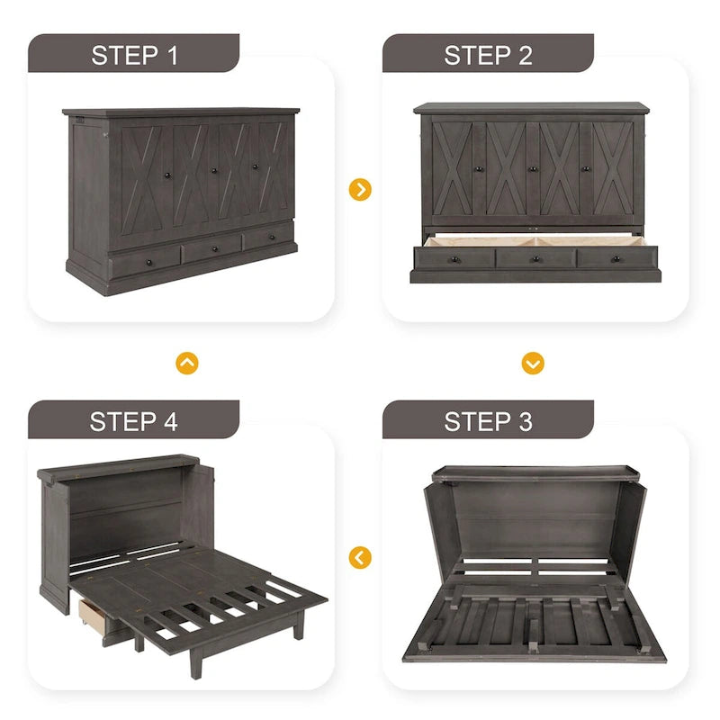 Solid Pine Murphy Bed Chest Cube Cabinet Bed with Charging Station and Large Storage Drawer for or Small Room,Full