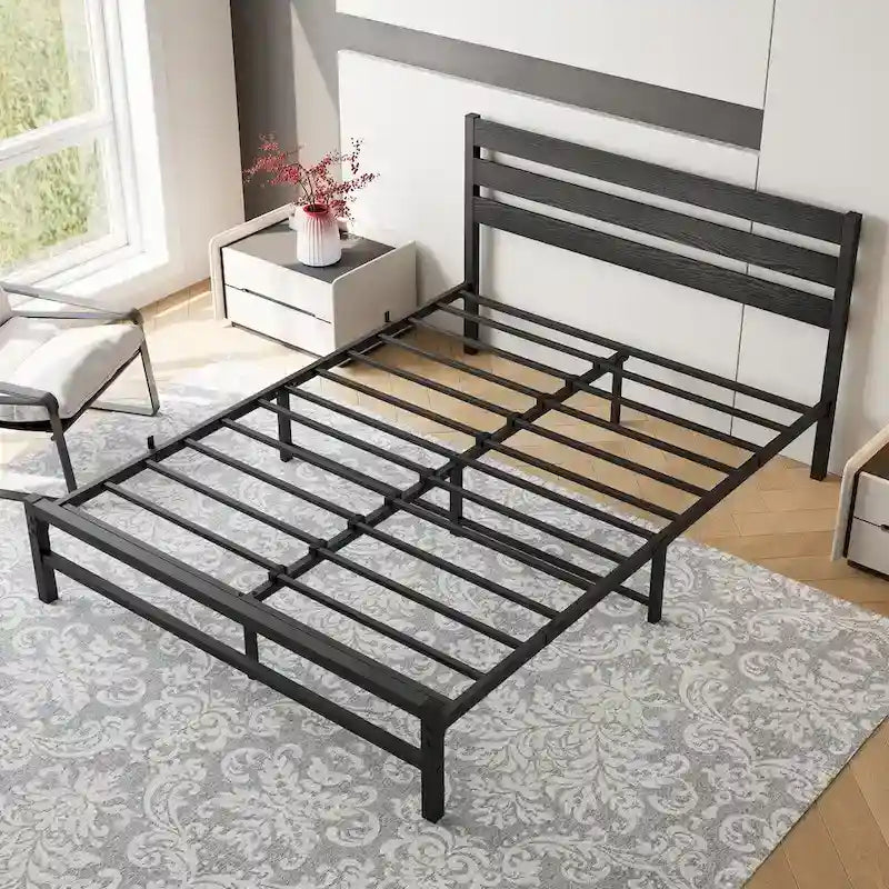 Platform Bed Frame With Wooden Headboard, Under Bed Storage, Non-Slip