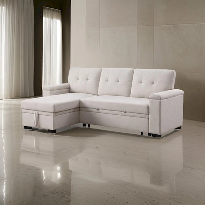 Lusy 85 Inch Reversible Sleeper Sectional Sofa with Storage Chaise, Beige